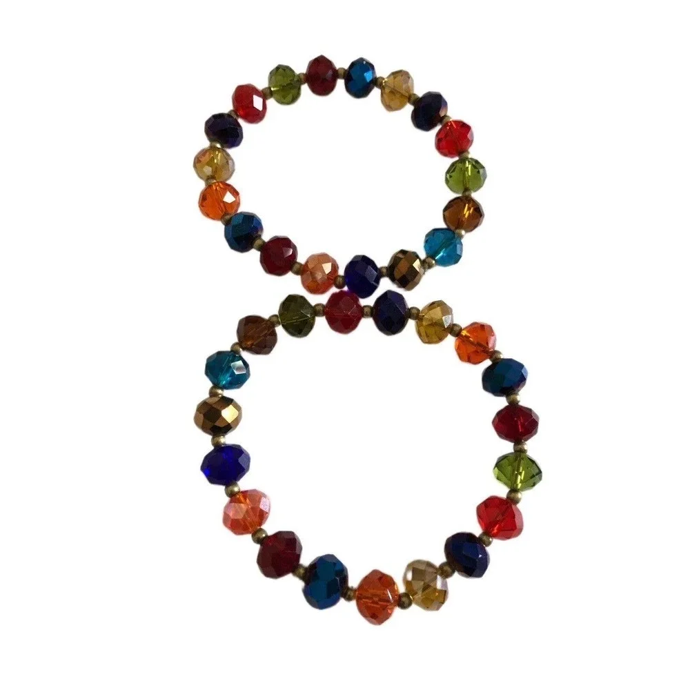 Set Of 2 Faceted Resin Crystal Beaded Stretch Bracelet Multi-Colors Jewelry